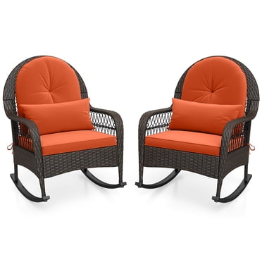 Gymax Fauteuil Berçant d'Extérieur en Osier 400 Lb Fauteuil Berçant en Rotin avec Bouchons Anti-Basculement Brun Mélangé et Orange