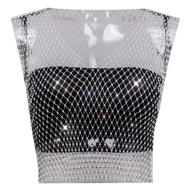 Filet de Pêche en Strass Filet Flash Gilet à Manches Courtes pour Femmes
