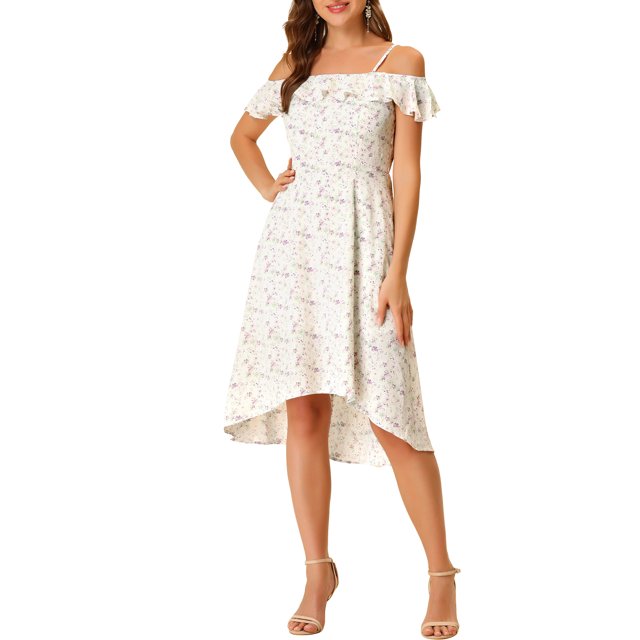 INSPIRE CHIC Robe Midi Évasée à Fleurs pour Femme à Bretelles Spaghettis à Volants TP Blanc Violet