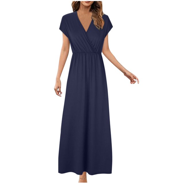 Birdeem Robes pour Femmes Robe Longue Sans Manches Aguichant Couleur Unie avec Ourlet Ample Col en V
