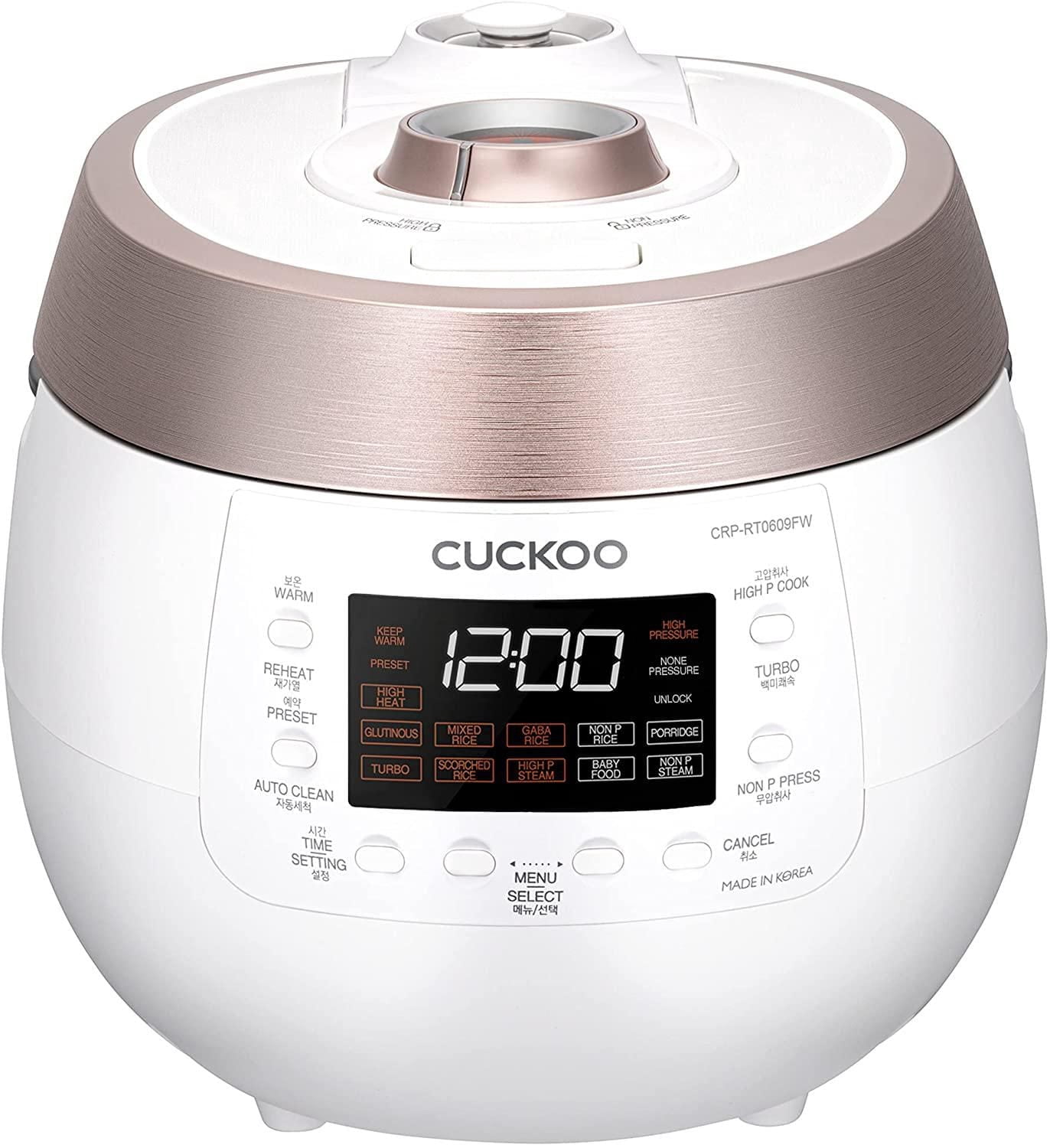 Cuckoo 6-Cup Twin Pressure Rice Cooker with Steam Tray, 14 Modes: White Rice, GABA Rice, Steam, Porridge, Scorched Rice & More, CRP-RT0609FW, White