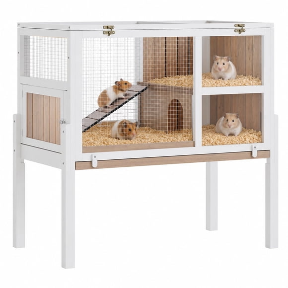 Ourlova Spacious Wooden Guinea Pig Cage with Stand and Ramp-Small Animal Hutch for Rabbits 50*93cm Natural wood color