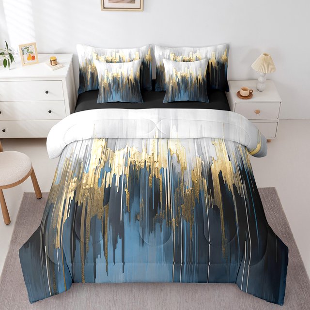 YST Navy Blue 7-Piece Gradient Brush Marks Comforter Set, Vintage Contemporary Bedding Accessories, Queen