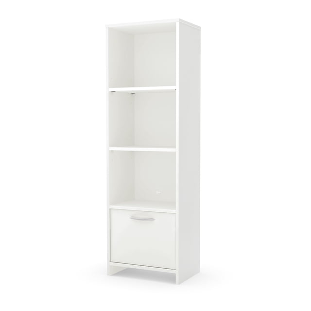 3-Shelf Bookcase with Door from the collection Step One South Shore in white, featuring a slim, tall design with two adjustable open shelves and a bottom cabinet with metal handle and cord pass-through hole, suitable for office, living room, or bedroom storage.