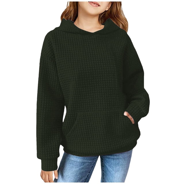 FAOWME Child Solid Color Hooded Silk Checked Tops Coat Army Green 5-6 Years
