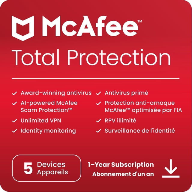 McAfee Protection Totale 5 Appareils Abonnement de 1 An Carte de code Numérique avec Arrière-Plan Rouge Affichant un Texte Bilingue Anglais et Français Mettant en Valeur des Fonctionnalités de Logiciel antivirus Telles Qu'une Protection contre les Arnaques Alimentée par l'IA, un VPN Illimité, la Surveillance de l'Identité et une Couverture Multi-Appareils.