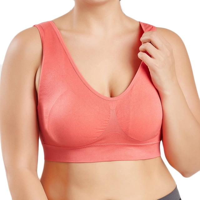 Pisexur Women Seamless Plus Size Bra in a pure coral color, featuring an ultra-thin, full bra cup design. Made from lightweight polyester, this low-impact sports bra offers a seamless, wireless fit with removable padding for added comfort. The round collar design enhances its casual and fashionable appeal, suitable for daily wear, lounging, or yoga. Shown in a close-up view, highlighting the breathable and soft fabric.
