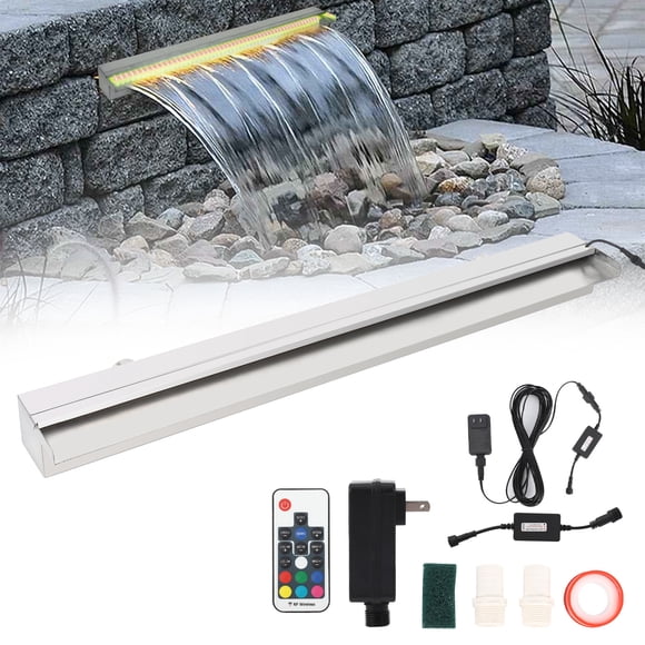 Stainless Steel Wall-Mounted Waterfall Fountain with 7-Color LED Light Bar, Remote – Saltwater Resistant Outdoor Spillway for Garden, Patio, Pond Decor, 24 Inches