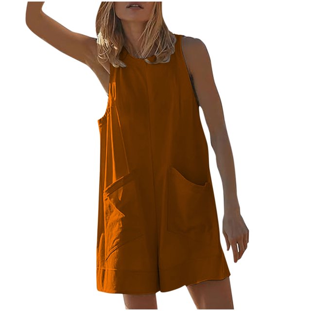 RKSTN Jumpsuits for Women Summer Fashion Solid Color Hollow out Back Jumpsuit Loose Fit Round Neck Sleeveless Pockets Rompers