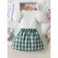 thumbnail image 3 of Honganda 1-6Y Toddler Girl Summer 2Pcs Outfit Solid Ribbed Bubble Short Sleeve Tops with Plaid Print A-Line Skirt Set, 3 of 9