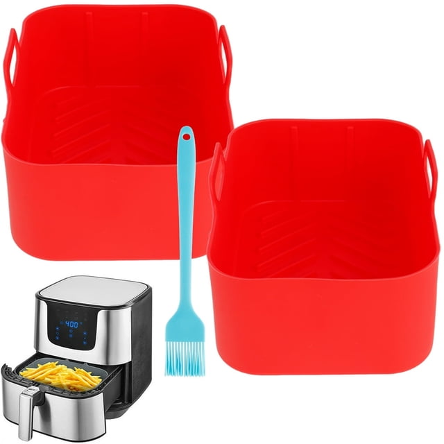 MesaSe 2 Pcs Casserole en Silicone pour Friteuse à Air Chaud Compatible avec les Friteuses à Double Panier Ninja Doublure Réutilisable pour Friteuse à Air avec Poignée Brosse à Huile Tapis de Cuisson en Silicone pour Friteuse à Air