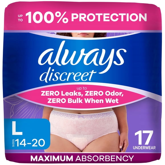 Always Discreet, Reimagined Adult Diapers for Women, Maximum Incontinence and Postpartum Underwear L, 17 Count