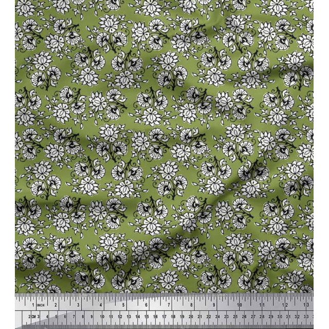 Soimoi Poly Georgette Fabric Leaves & Floral Block Printed Craft Fabric by The Yard 42 Inch Wide
