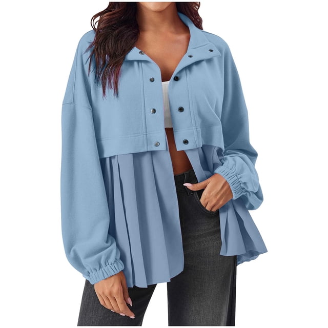 AherBiu Jackets for Women Button down Long Sleeve Ruched Patchwork Shirts Casual Loose Flowy Fall Outerwear