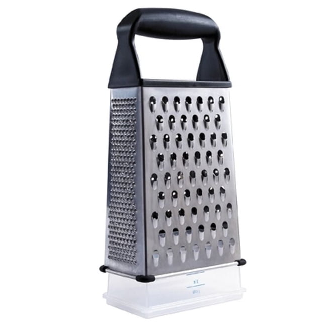 OXO Softworks Box Grater with four stainless steel surfaces for coarse, medium, fine grating, and slicing, featuring a soft black non-slip handle and a clear detachable container with measurement markings and non-slip base, suitable for efficient kitchen grating and compact storage.