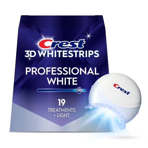 Crest Teeth Whitening, 3DWhitestrips, Professional White with Whitening Light At-Home Kit, 19 Treatments, 30 Levels Whiter