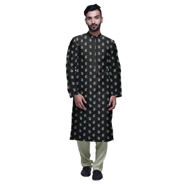 Atasi Mandarin Collar Printed Satin Slub Traditional Kurta Set For Men