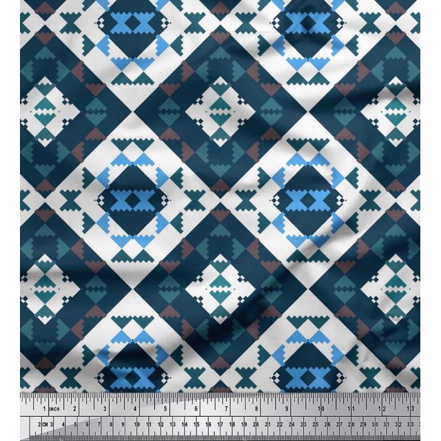 Soimoi White Velvet Fabric Check & Geometric Print Fabric by Yard 58 Inch Wide