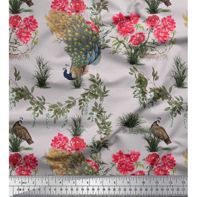 Soimoi Moss Georgette Fabric Leaves,Floral & Peacock Bird Print Sewing Fabric Yard 42 Inch Wide