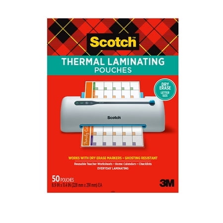 Scotch Dry Erase Thermal Laminating Pouches, 50-Pack, Works with Dry Erase Markers, Reuseable Worksheets, Calendars, Checklists, 8.9 x 11.4 Inches, Letter Size, Clear Pro