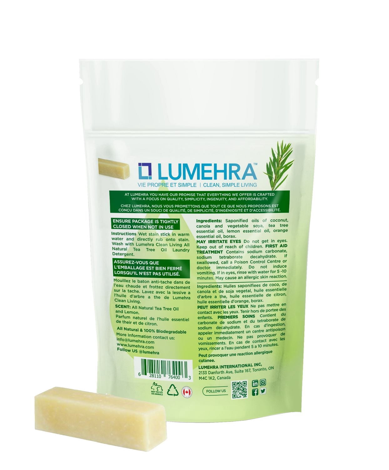 Lumehra Barre détachante naturelle au tea tree Puissante contre les taches tenaces du quotidien — couches de bébé, herbe, vin, marqueurs et bien plus encore. 60 gram