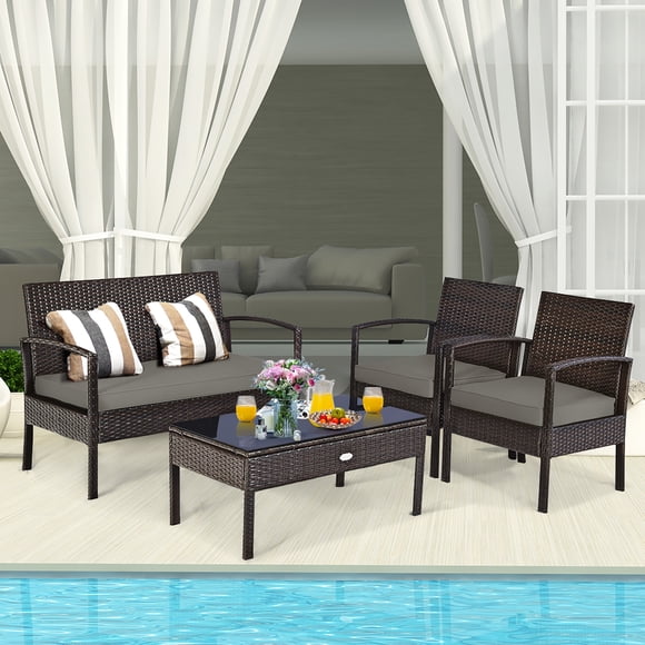 Costway 4pcs Patio Rattan Wicker Furniture Set Loveseat Sofa Cushioned Garden Yard