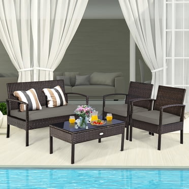 Costway Ensemble de Mobilier de Patio en Rotin Osier 4 Pcs Causeuse Canapé Coussiné Jardin Cour