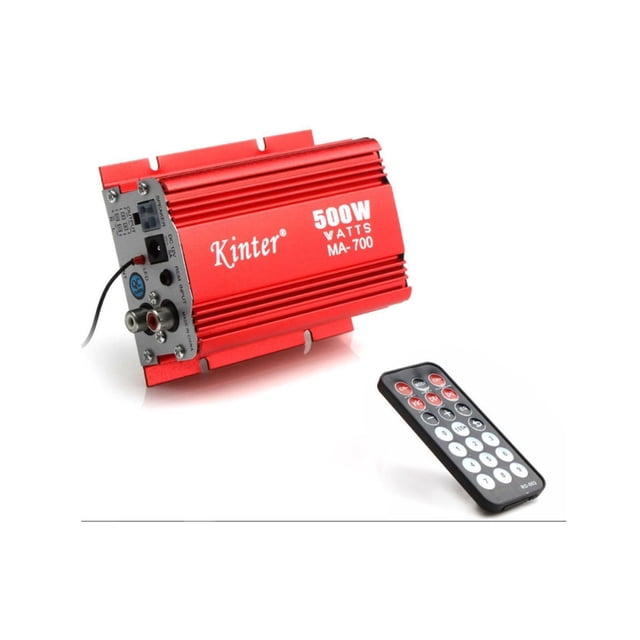 2 Channel Audio Amplifier Hi-Fi USB MP3 FM MA-700 500W for Car or Home, featuring a compact red aluminum design with visible input/output ports and a remote control. Supports MP3 playback via USB, SD, and MMC cards, with FM stereo radio functionality. Ideal for cars, motorcycles, and boats.