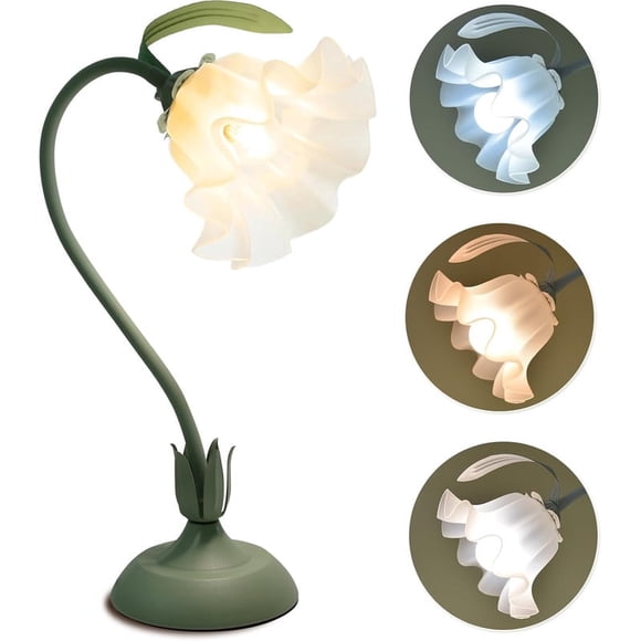 Lampe de Table à Fleurs, Lampe de Lecture à DEL Vintage pour Table de Chevet avec 3 Modes de Couleur pour Table de Nuit, Lampe de Lecture à Fleurs Vintage avec Ampoule E26, Décoration pour Maison Chambre Salon (Vert)