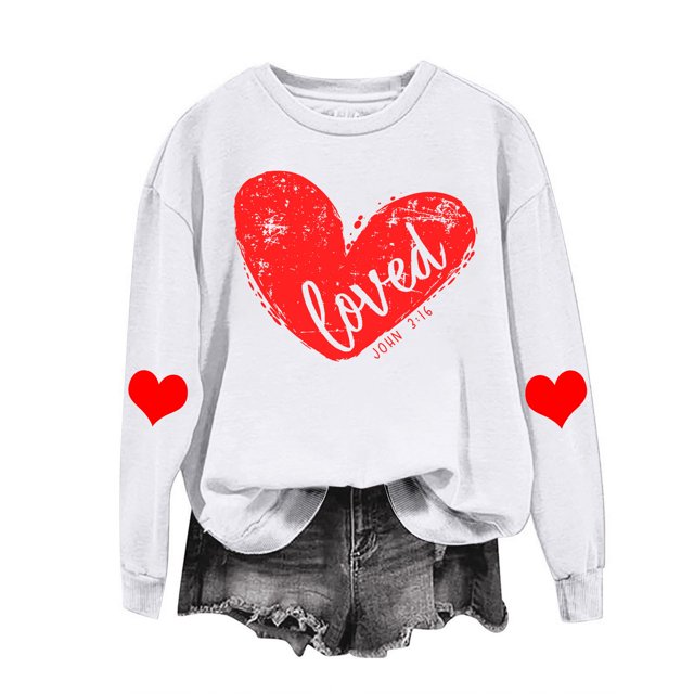 RKSTN Chandail pour Femmes 2024 Saint-Valentin Cœur d'Amour Imprimé Chandail Uni Col Rond Manches Longues Coupe Ample Blouse Hauts
