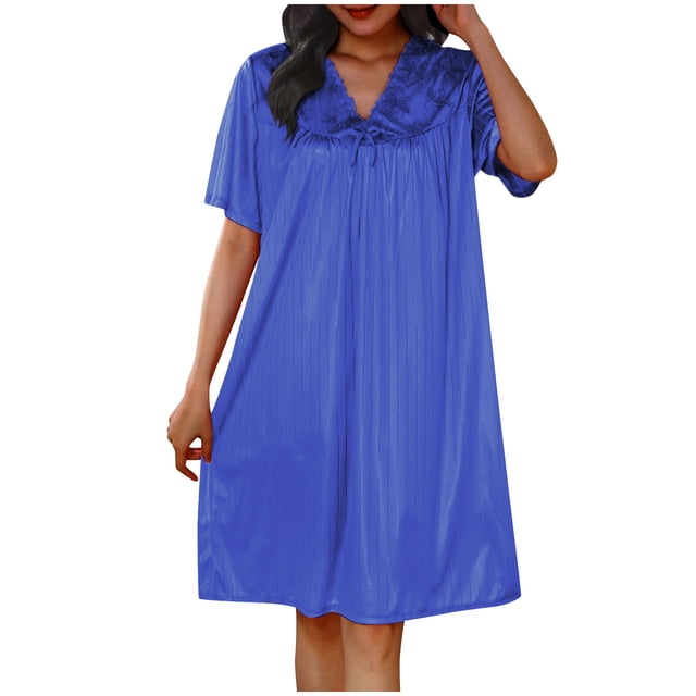 Timegard Chemises de Nuit en Soie pour Femmes Col Rond Manches Courtes Chemises de Sommeil Smockées Nœud Papillon Décontractées Confortables Robe de Maison
