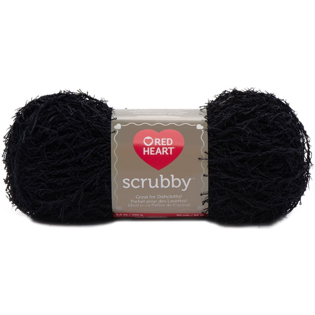 Red Heart® Scrubby™ Yarn in black polyester #4 medium weight, 3.5oz/100g skein with 92 yards, textured for knit or crochet dishcloths and washcloths that clean pots easily and dry quickly, suitable for exfoliating surfaces.