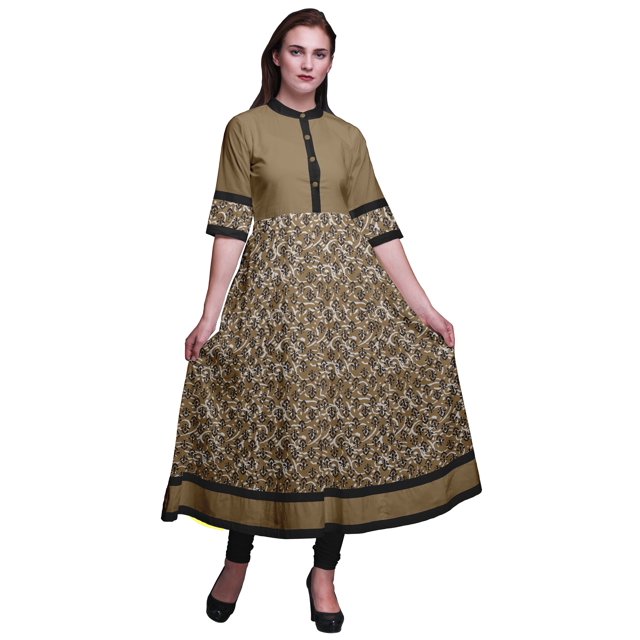 Bimba Kurtis Indiennes à Blocs Imprimés Bruns pour Femmes, Kurti Anarkali Ligne A Imprimée, Robe Ethnique Décontractée - X-Grand