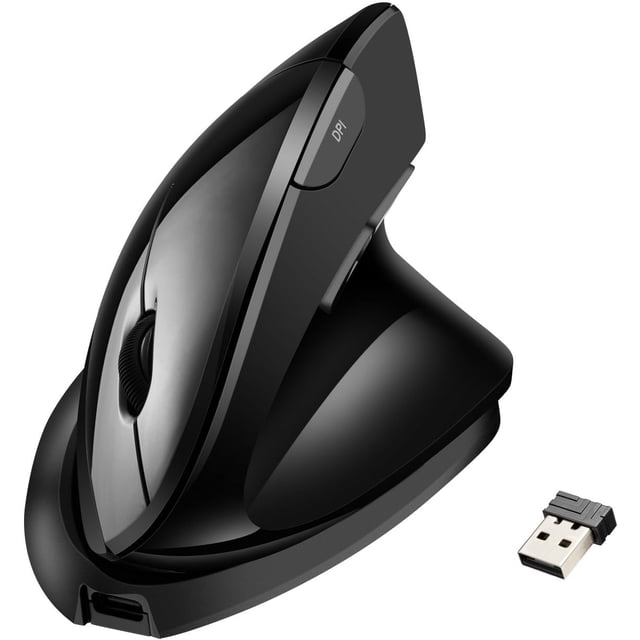 Adesso iMouse V30 2.4GHz wireless adjustable vertical ergonomic mouse in black with a curved vertical design, side DPI button, scroll wheel, and USB wireless receiver, designed to reduce wrist strain and improve comfort during extended computer use, also suitable for precise cursor control.