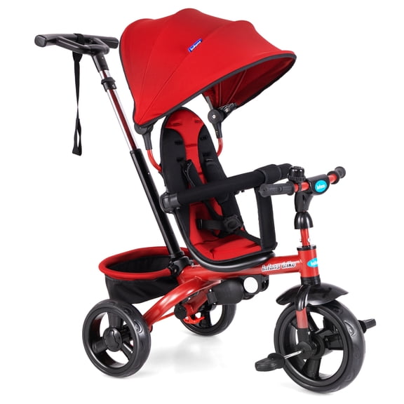 INFANS Tricycle pour Enfants, Tricycle de Promenade 4 en 1 avec Poignée Poussoir Réglable, Auvent Amovible, Plaque de Pied Rétractable, Pédale Verrouillable, Garde-Corps Détachable, Convient de 10 Mois à 5 Ans