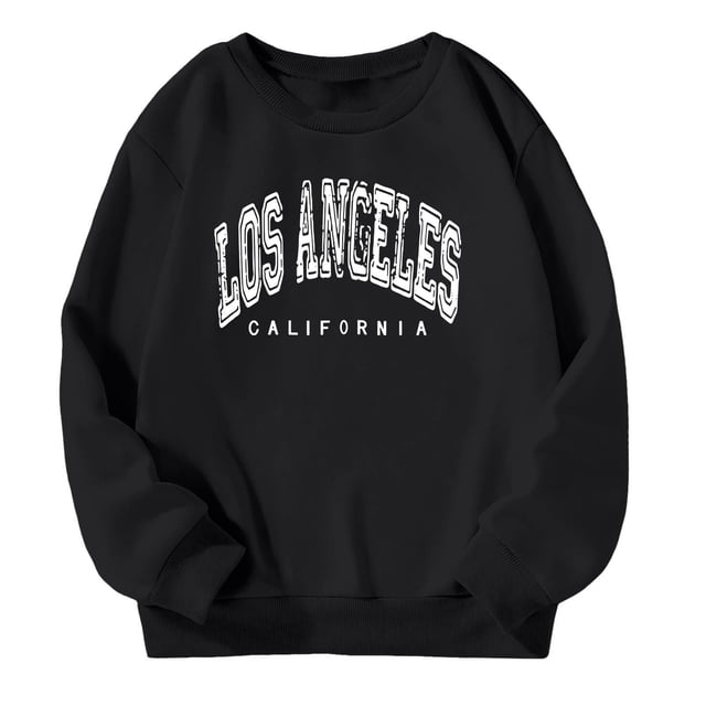 PMVFHDE Chandails Graphiques pour Filles, Chandail à Col Rond Décontracté en Noir avec Texte « Los Angeles California ». Comprend des Manches Longues, Coupe Ample, Matériau en polyester Léger et Épaisseur standard. Idéal pour l'Automne et l'Hiver, le Quotidien, l'École Ou les Sorties Décontractées. Recommandé pour 7-8 Ans.