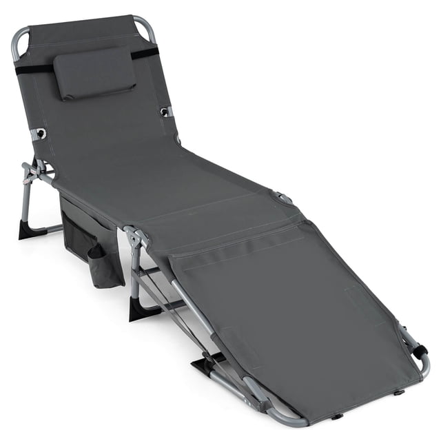 Costway Outdoor Folding Chaise 4-Position Lounge Chair with Face Hole &Adjustable Footrest Gray