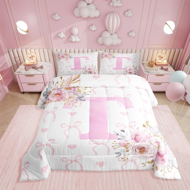 Erosebridal Girls Monogrammed Bedding Queen Comforter Set, Pink Rose Down Comforter, Initial Letter T Decor, Reversible 3pcs