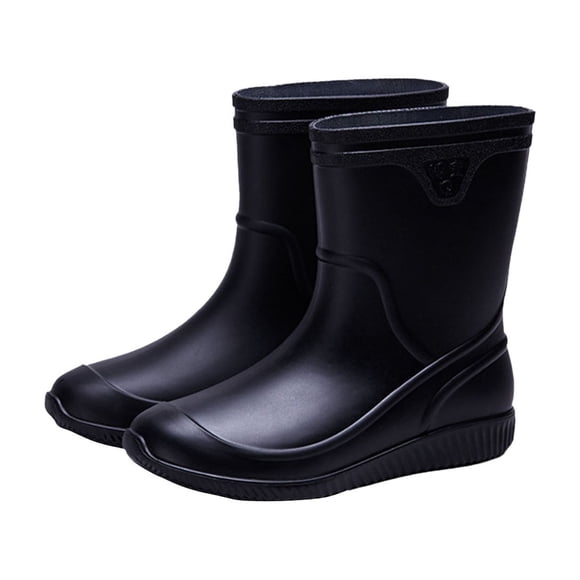 Rain Boots for Mens Mid Calf Thick Sole Solid Color Simplicity Waterproof Non Slip Rubber Sole Outdoor Work Rain Shoes Black