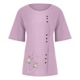 thumbnail image 4 of CHOK Mchoice Chemises pour Femmes 2024 à Manches Courtes Décontractées Hauts Grande Taille Col Rond Imprimé Ample Blouse en Coton et Lin à Boutons, 4 of 5