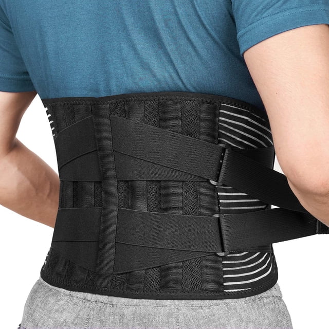 Back Brace Lumbar Back Support Belt for Women and Men Lower Back Pain Relief, shown worn by a person. The black belt features adjustable straps and a support strip designed to fit the physiological curve of the body. Made from breathable, lightweight, and skin-friendly fabric, it provides compression and support for lumbar disc herniation, scoliosis, and injury recovery.