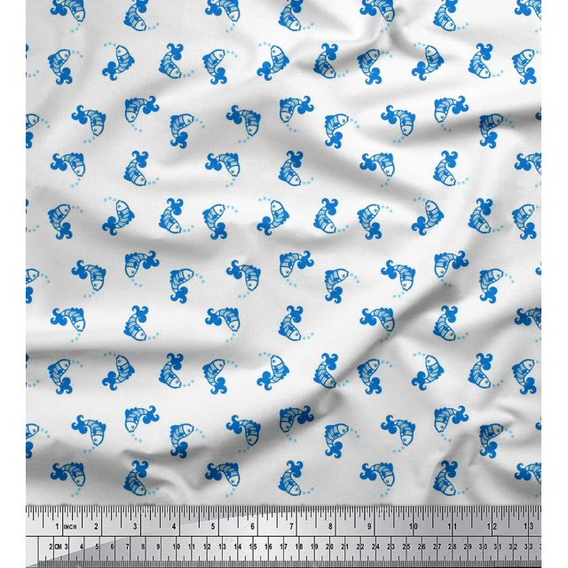 Soimoi Poly Georgette Fabric Bubbles & Fish Ocean Fabric Prints By Yard 42 Inch Wide