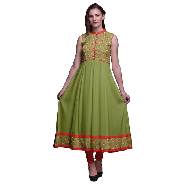Bimba Robe Anarkali Aquarelle Vert Olive Col Mandarin Sans Manches Kurtis pour Femmes Imprimé Robe Maxi Petit