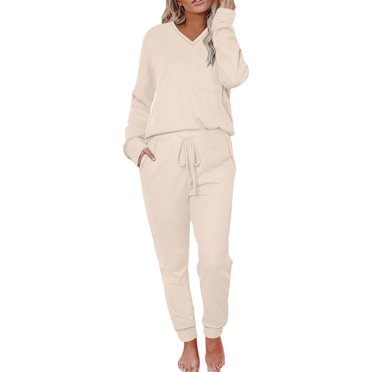 cfhntfmh Ensembles de Pyjama 2 Pcs pour Femmes Pjs Ensembles en Tricot Détente Col en V Manches Longues T-Shirts Décontractés Confortables Bas à Cordon Vêtements de Nuit