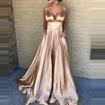 thumbnail image 1 of HKEJIAOI Liquidation des Ventes Robe Femme Mode Femme Couleur Unie Aguichant Col en V Bretelles Sans Manches Robe de Soirée Or, 1 of 5
