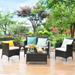 Costway 4PCS Ensemble de meubles Rattan Patio Canapé Coussiné Chaise Table de café Jardin