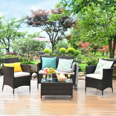 Costway Ensemble de Mobilier de Patio en Rotin 4 Pcs Canapé et Fauteuils Coussinés Table Basse Jardin