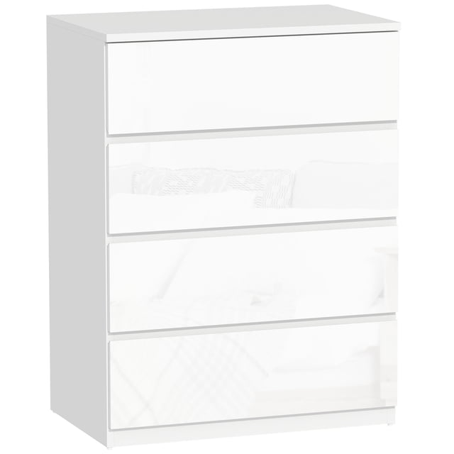HOMCOM Commode à 4 Tiroirs à Fini Très Lustré avec Chemin de Table en Métal Blanc