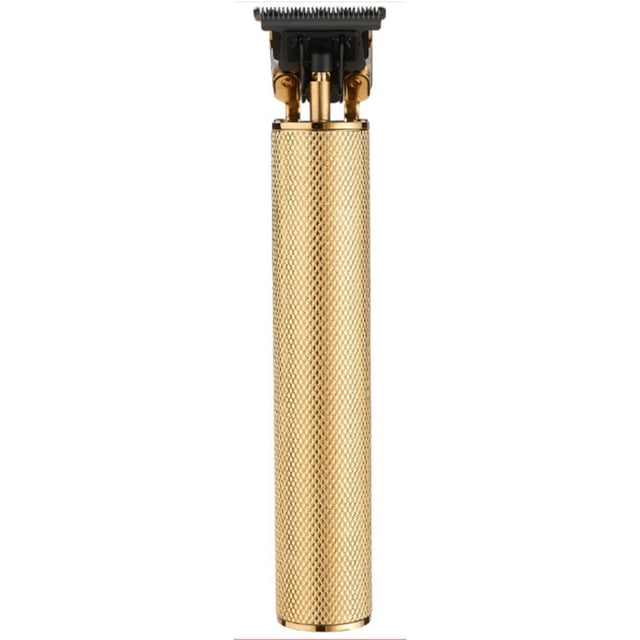 SHINON SHINON Gold Electric Hair Clipper with Titanium Ceramic Blade, featuring a sleek cylindrical gold metal body with a textured grip. This USB rechargeable hair trimmer is lightweight and portable, designed for men's styling and grooming. The clipper includes a titanium steel ceramic blade for high hardness, heat resistance, and anti-scratch durability. Suitable for creating various hair shapes with one-key operation. Accessories include a USB cable, instruction book, cleaning brush, and four comb heads.