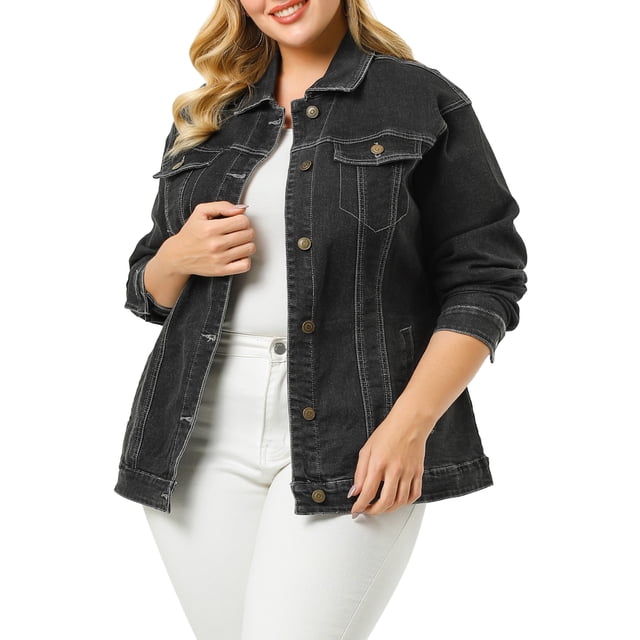Agnes Orinda Women's Plus Size St. Patrick's Day Jean Jacket Stitching Button Washed Denim Outerwear Coat 5X Black